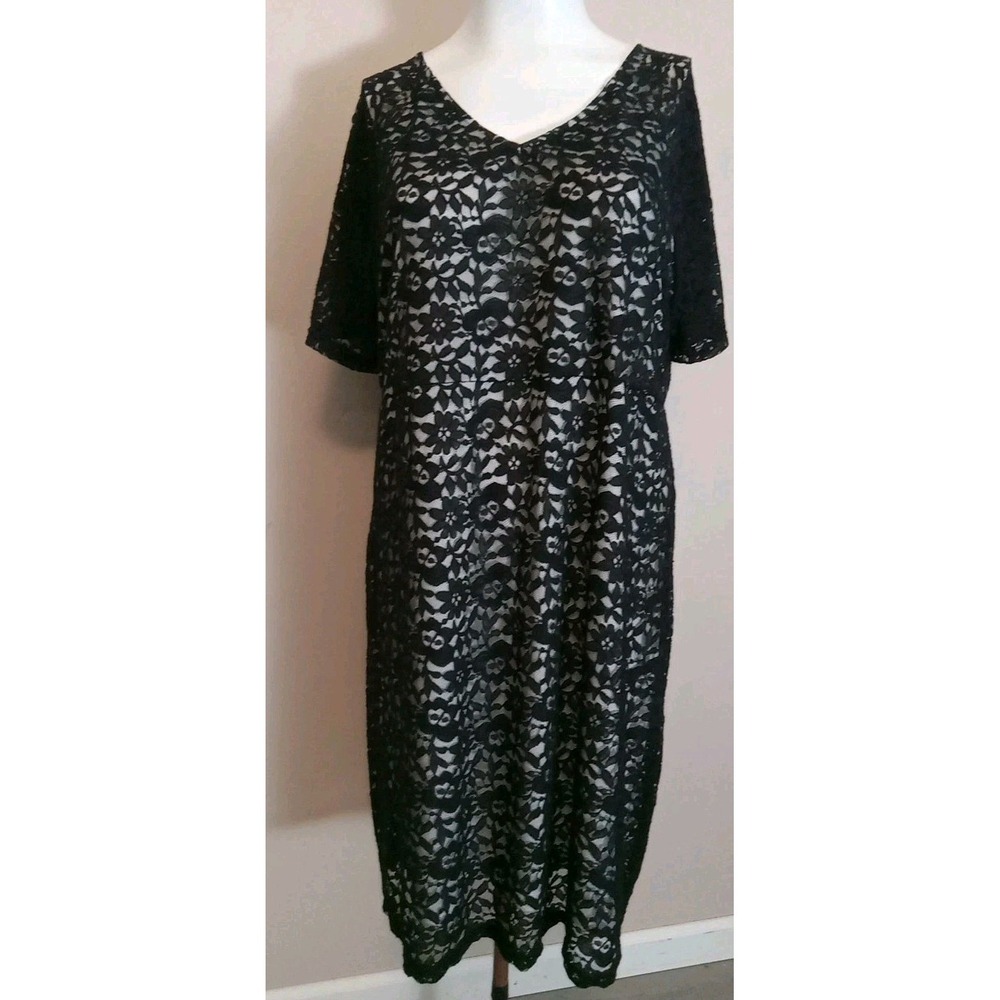 agnes orinda Black Lace White Underlined Double V Neck Stretch Zip Dress Size 4X